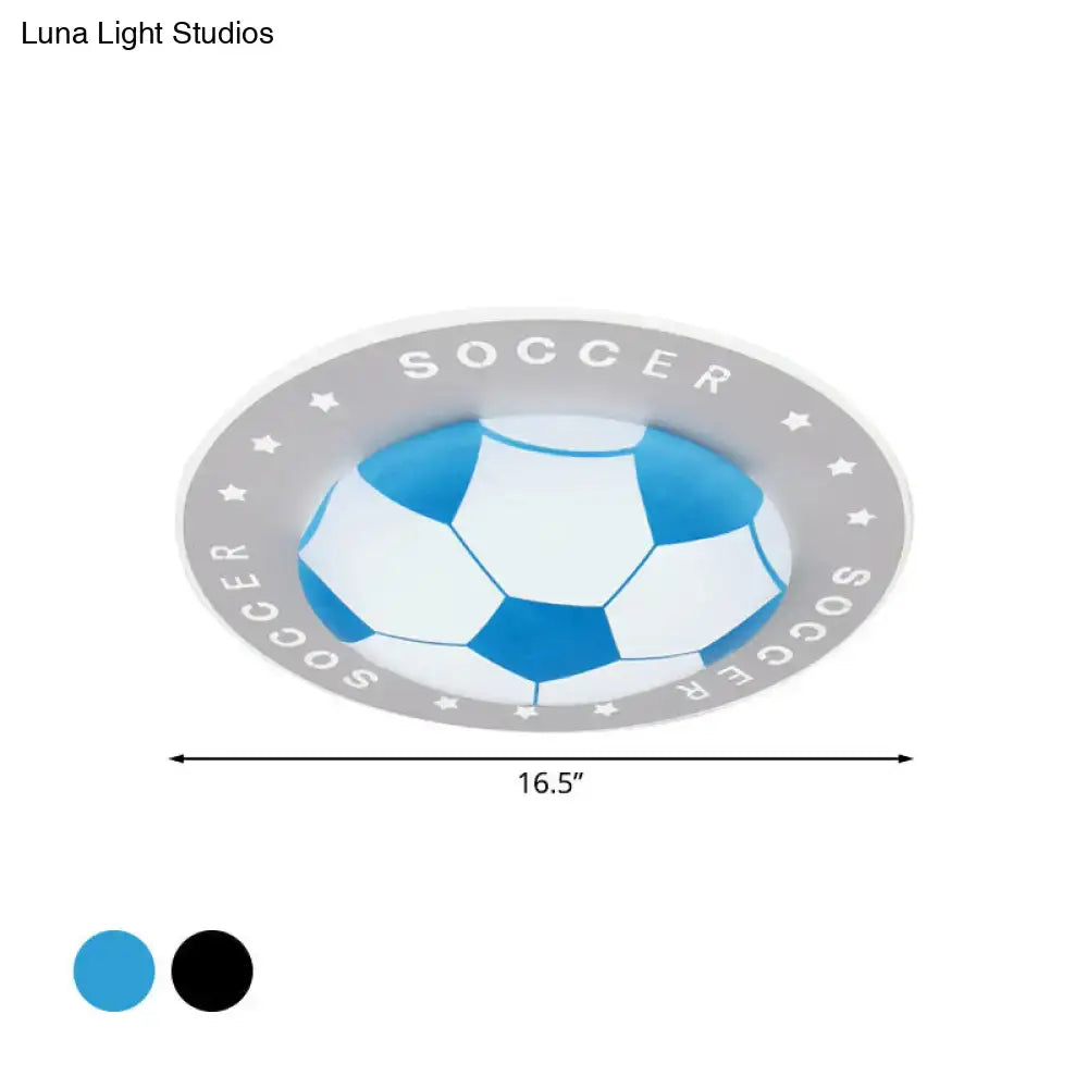 DecorBites kids led flush mount spotlight featuring blue and white soccer ball design with gray acrylic shade border