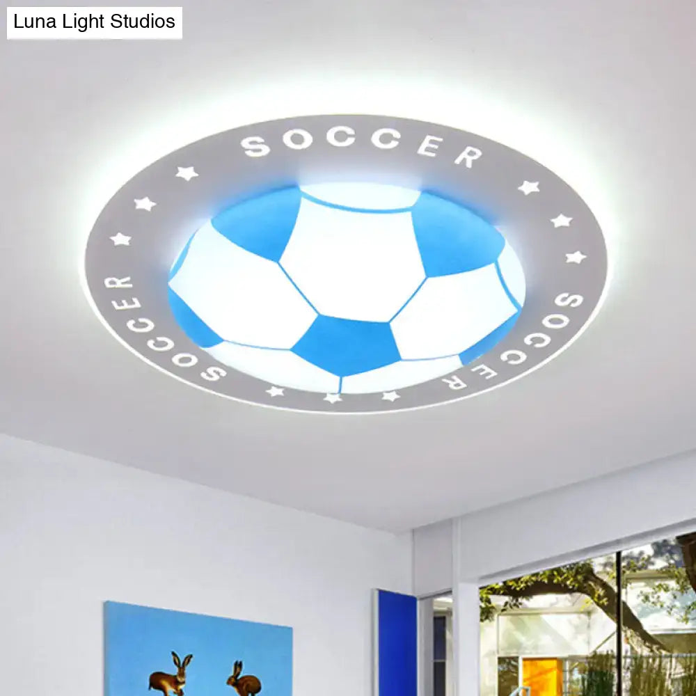 Blue and white football led flush mount ceiling light designed for kids bedroom with soccer pattern and flush mount design