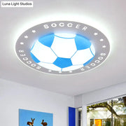 Blue and white football led flush mount ceiling light designed for kids bedroom with soccer pattern and flush mount design