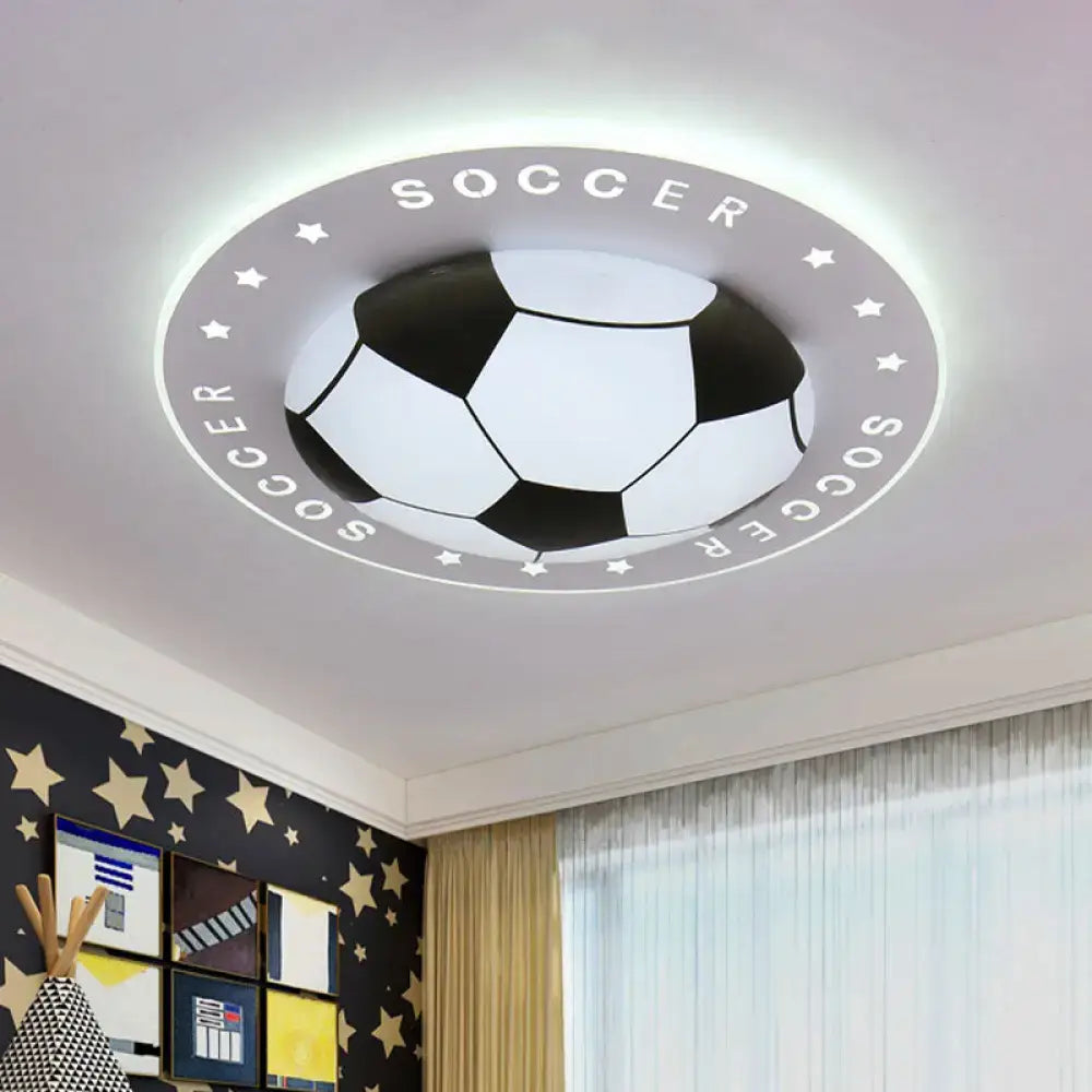 Blue and white football led flush mount kids bedroom light with black and white soccer ball pattern and soccer text encircling