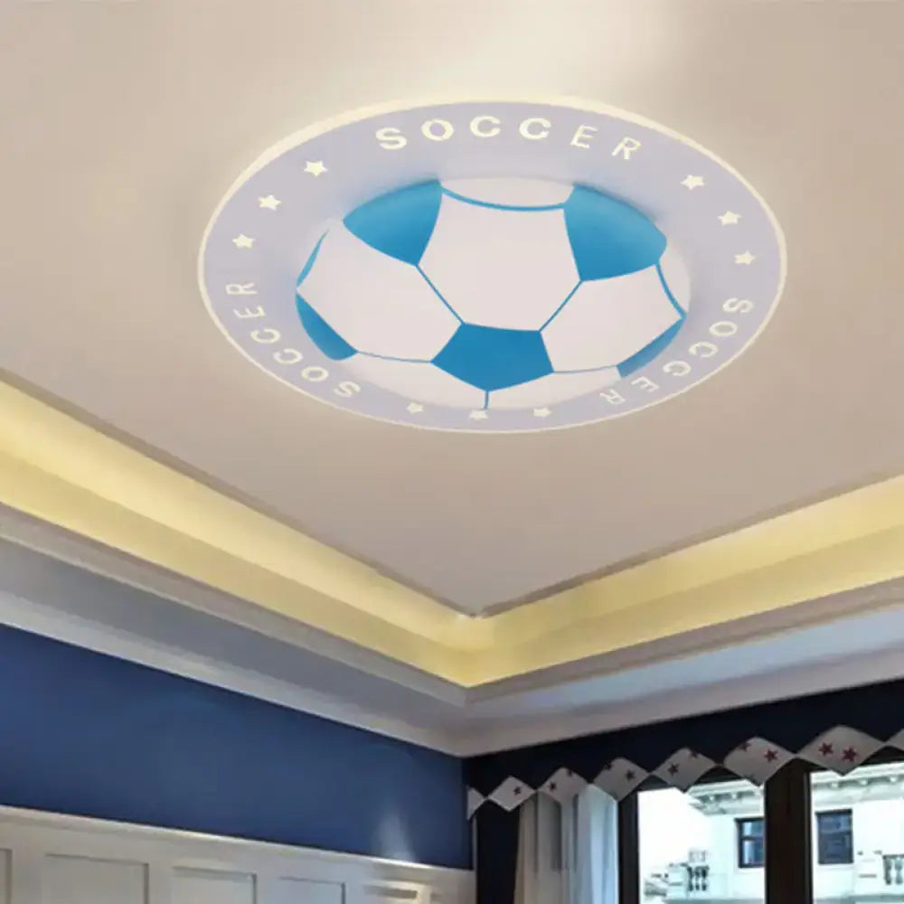 Blue and white football led flush mount ceiling light with soccer ball design and illuminated soccer text for kids bedroom