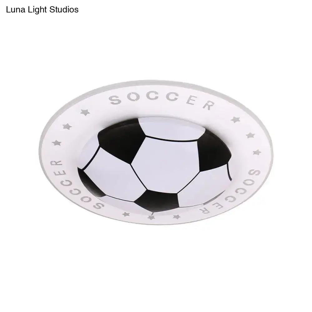 White ceiling led flush mount light featuring a black and white soccer ball design with repeated soccer text edge