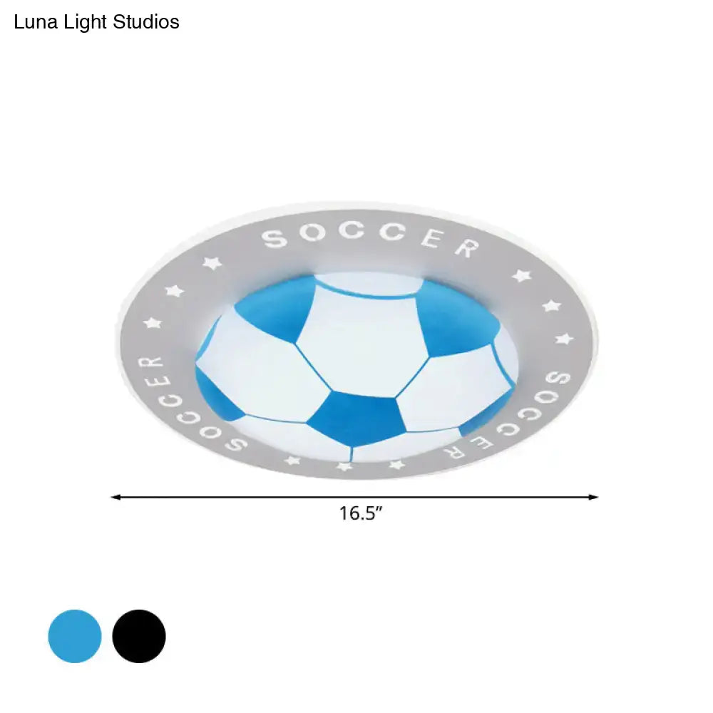 Blue and white soccer ball themed led flush mount ceiling light with gray border and repeated soccer text for kids bedroom