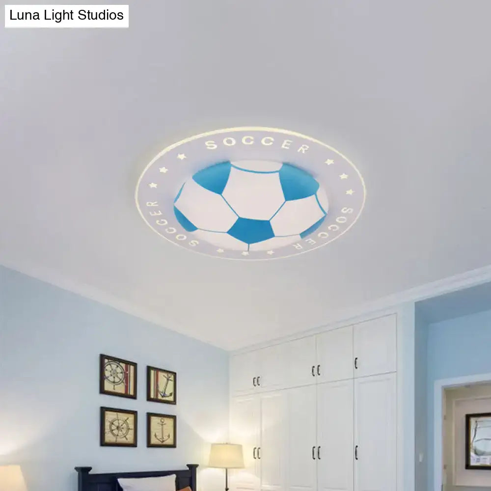 Blue and white soccer ball shaped led flush mount ceiling light with soccer lettering for kids bedroom