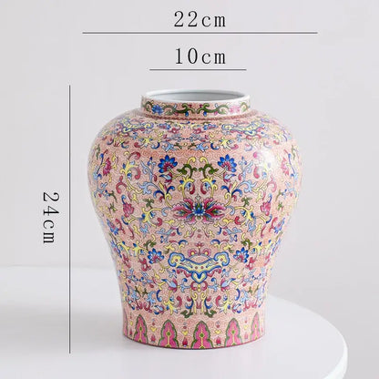 Pink porcelain vase with blue yellow green floral scrollwork blue white porcelain decorbites ceramic decor for living room