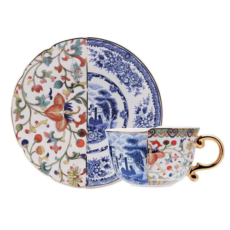 Blue white porcelain gilded coffee mug with split multicolored floral and classic blue white landscape design decorbites blue white