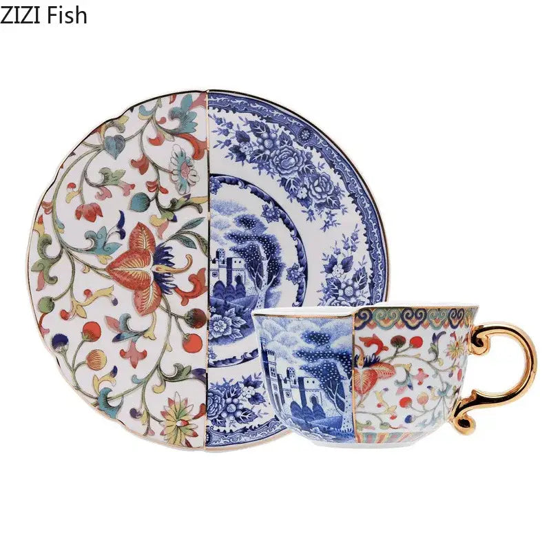 A blue white porcelain gilded coffee mug with vibrant floral and classic landscape patterns by decorbites blue white