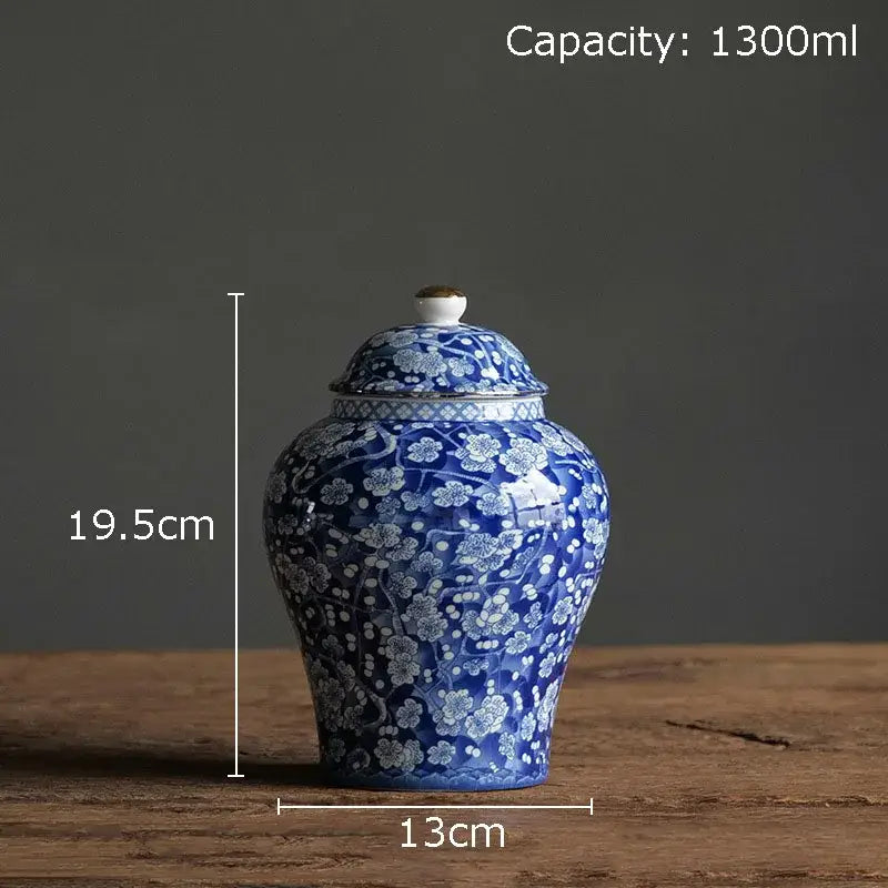 Blue and white porcelain jar with floral pattern gold plating and matching lid for living room decor