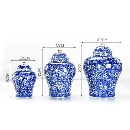 Three blue and white porcelain ginger jars with gold lids for sealed storage tank and pot sealed storage use