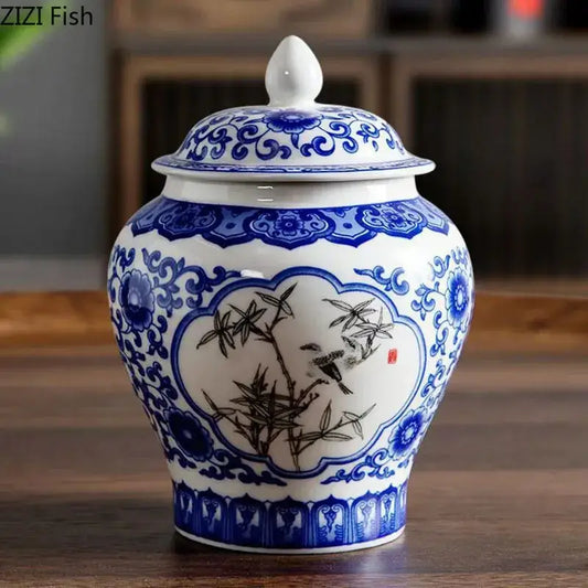 White porcelain tea canister with blue and black hand-painted bamboo birds and floral design for kitchen storage