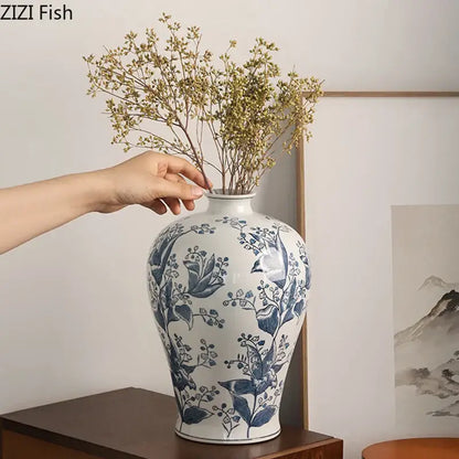 White porcelain vase with blue white porcelain floral and bird patterns decorbites blue white living room decor