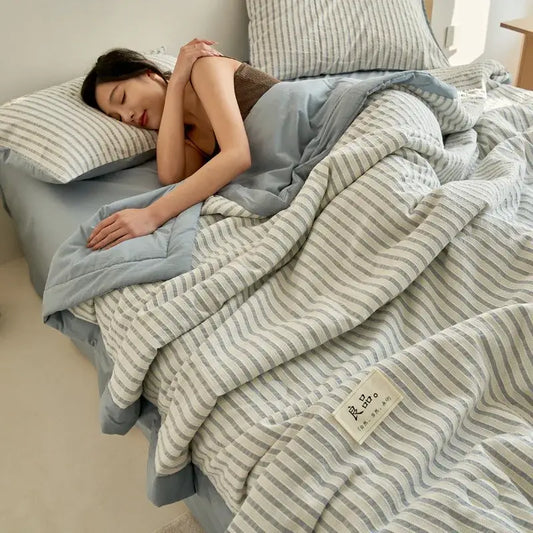 Soft light blue and white striped soya fibre decorbites jacquard summer quilt with cozy textured fabric for bedroom comfort