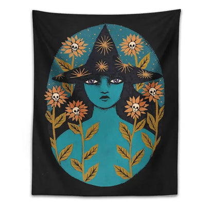 Black wall tapestry featuring a stylized witch with purple eyes and sunflowers on teal background for blue witches botanical decorbites