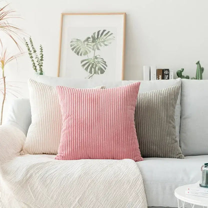 Blush pink pillow cover with vertical ribbed corduroy flocking texture for living room decor by decorbites corduroy flocking