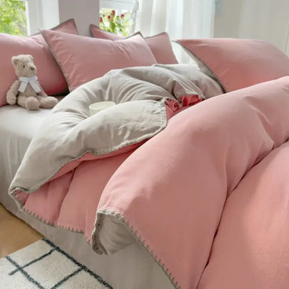 Blush pink and gray quilted bedding set with soft plush texture and cotton edge embroidery for bedroom decorbites cotton edge