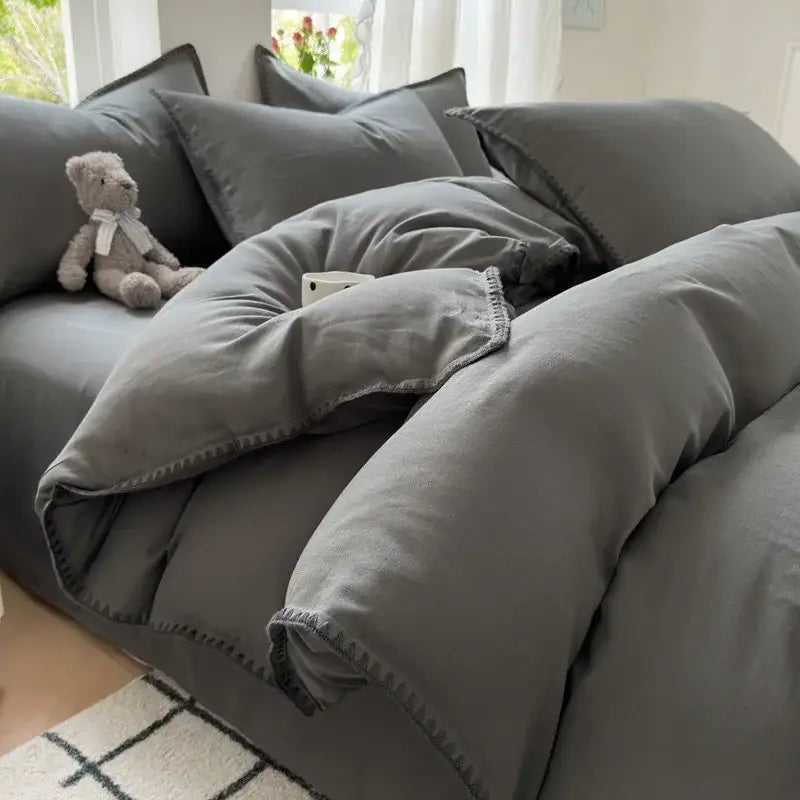 Soft charcoal-gray cotton edge embroidery duvet set with subtle texture and neatly stitched edges for decorbites bedding set