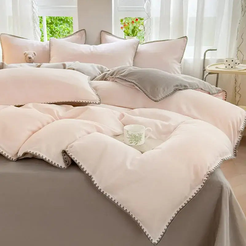 Soft blush pink velvet bedding set with subtle gray decorbites cotton edge embroidery for elegant bedroom decor