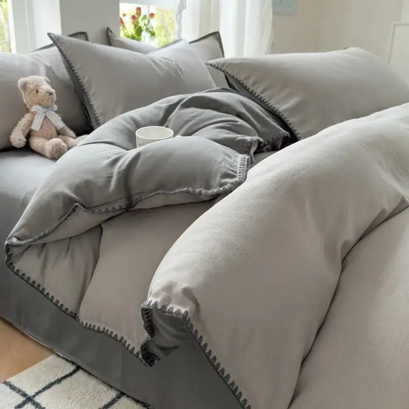 Gray cotton edge embroidery duvet set with subtle zigzag stitch trim from blush pink and gray bedding set decorbites cotton edge