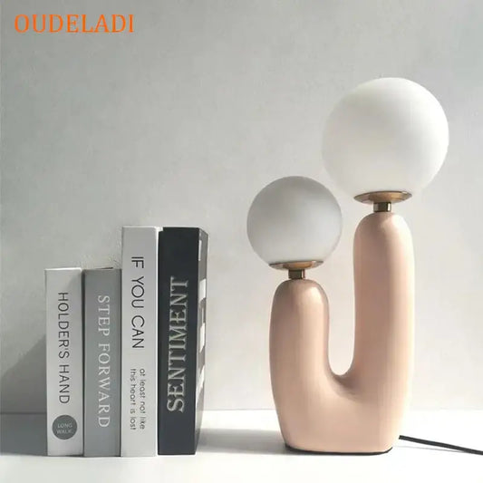 Blush pink ceramic table lamp with two frosted white glass ball led shades for bedroom decorbites glass ball lighting