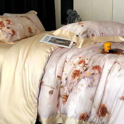 Cream-colored satin duvet cover with blush rose eucalyptus fiber flowers bedding set featuring delicate peach and gold patterns