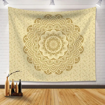 Beige bohemia room fabric poster featuring an intricate gold floral mandala design for bedroom decorbites decor