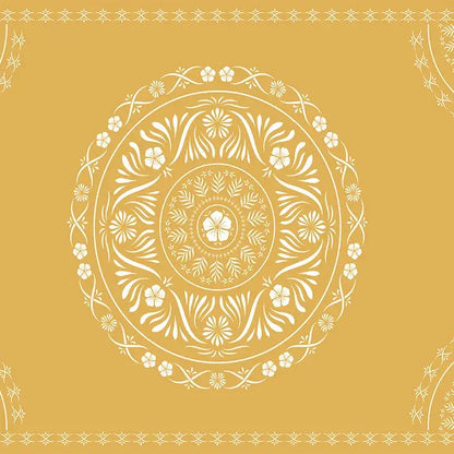 A delicate white floral mandala design on a warm golden-yellow bohemia room fabric poster for decorbites bedroom decor