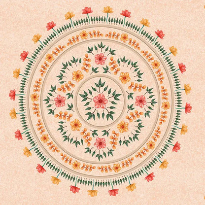 Bohemia room fabric poster featuring a beige floral mandala with pink yellow blossoms and green leaves for decorbites bohemia room decor