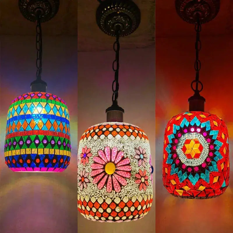 Bohemia turkish mosaic hanging sconce with vibrant colorful glass tiles and intricate geometric floral patterns for bedroom lighting