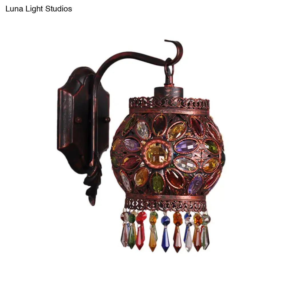 Bohemia weathered copper lantern wall sconce with ornate copper body, faceted gemstones, crystal teardrops, led incandescent lamp