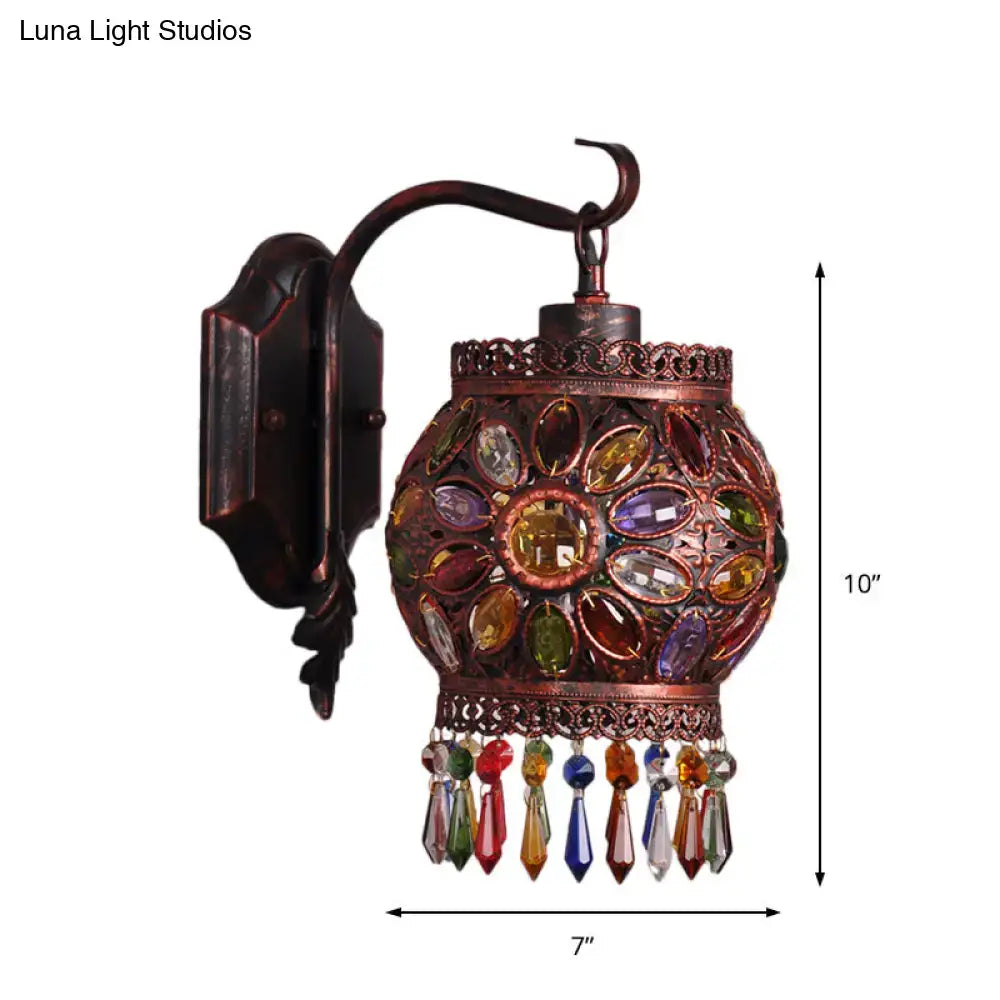 Bohemia weathered copper led incandescent decorative wall sconce with colorful glass gems and crystal pendants