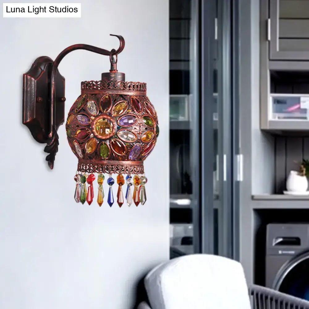 Bohemia weathered copper lantern wall sconce with colorful faceted gemstones and led incandescent crystal beads