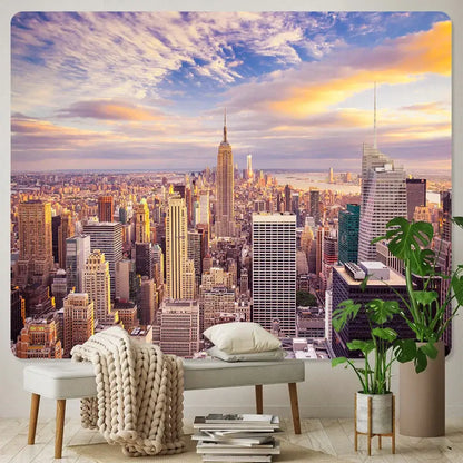 Bohemian art tapestry blanket by decorbites featuring empire state cityscape under a vibrant sunset for living room decor