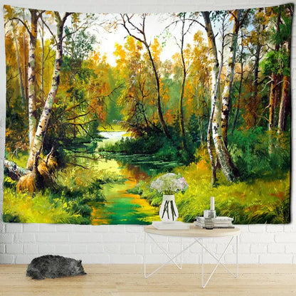 Vibrant bohemian autumn forest wall hanging tapestry with birch trees and winding stream on white brick wall decorbites forest