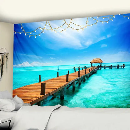 A vibrant bohemian beach coconut tree mandala tapestry featuring a wooden pier and turquoise waters with string lights