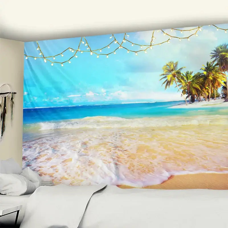Bohemian beach coconut tree mandala tapestry featuring vibrant turquoise ocean and golden sand for bedroom wall hanging