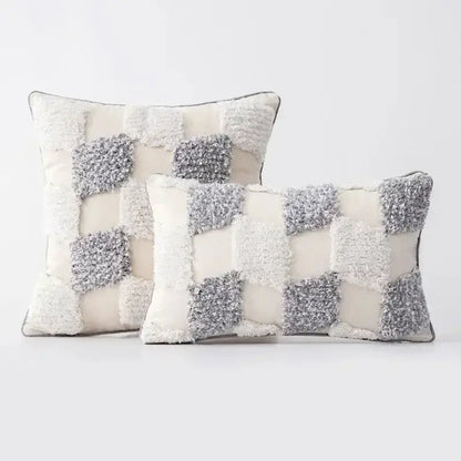 Cream and gray textured patchwork cushion cover with decorbites bohemian tufted tassel design for living room decor