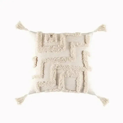Cream-colored bohemian tufted tassel cushion cover with textured geometric pattern for living room decorbites bohemian tufted
