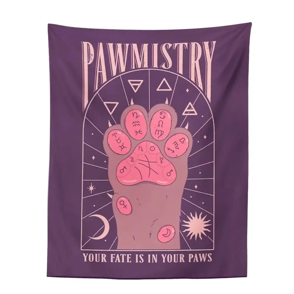 Purple pawmistry tapestry with pink paw print and zodiac symbols for decorbites cat paws tarot wall decor