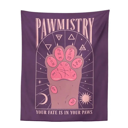 Purple pawmistry tapestry with pink paw print and zodiac symbols for decorbites cat paws tarot wall decor