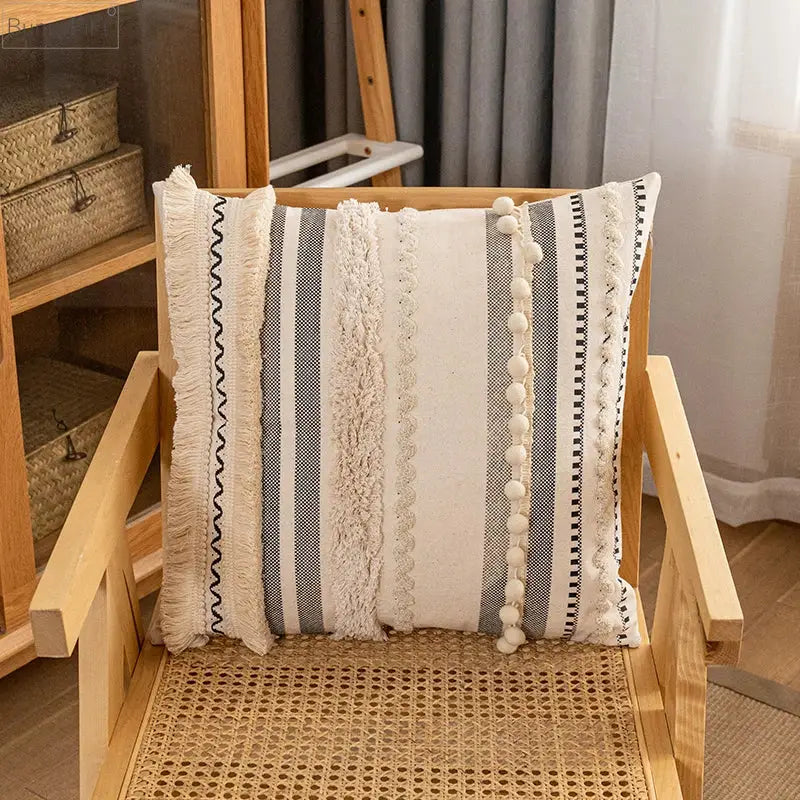 Bohemian beige cushion cover with textured vertical stripes cream and gray tasseled edges decorbites bohemian beige cushion