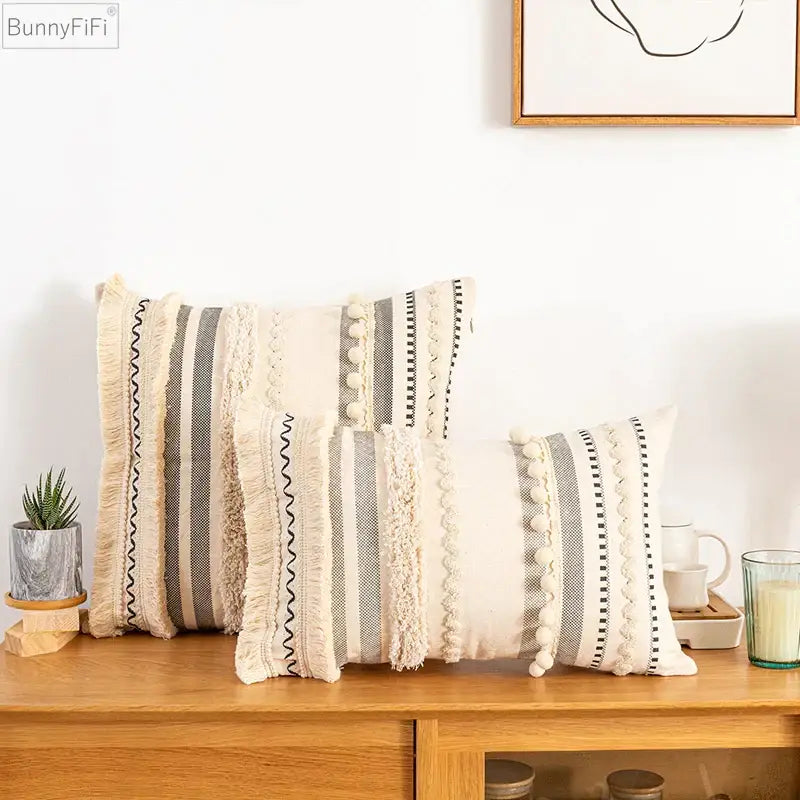 Bohemian beige striped cushion cover with textured fringe pom-poms woven details for home decor by decorbites