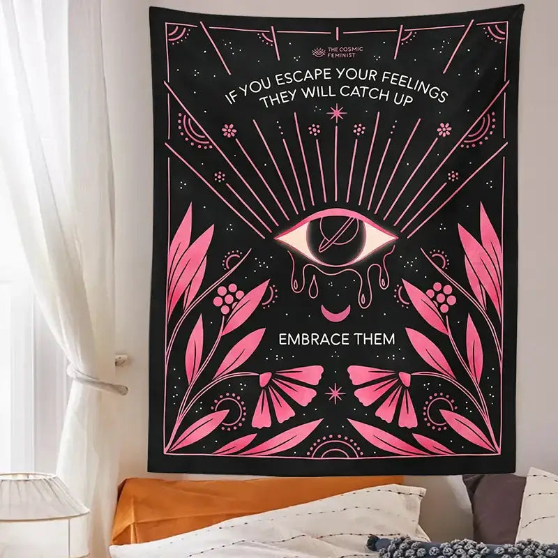 Bohemian black and pink botanical eye tapestry featuring floral motifs and motivational text for bedroom wall hanging decorbites botanical eye