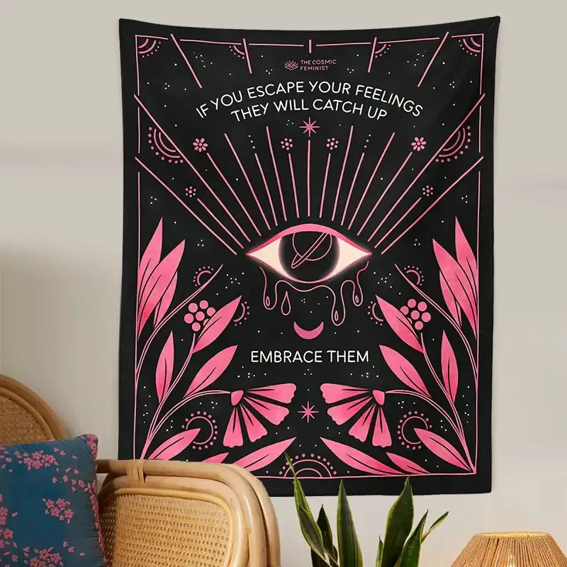 Bohemian black and pink botanical eye tapestry with cosmic design and inspirational text for eye tapestry wall decorbites botanical eye