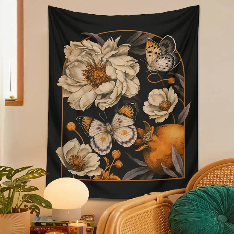 Bohemian black butterfly flower tapestry wall hanging with cream peonies butterflies and gold pomegranate decorbites butterfly flower decor