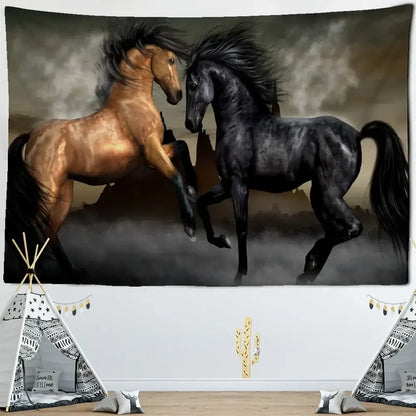 Bohemian black and gold galloping horse tapestry wall art featuring a dynamic decorbites galloping horse scene
