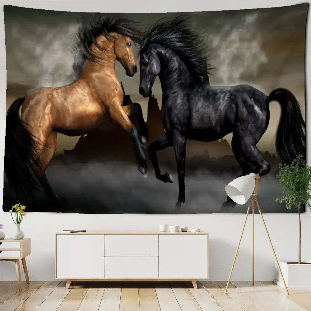 Bohemian black and gold galloping horse tapestry wall art featuring two powerful horses in dynamic rearing poses