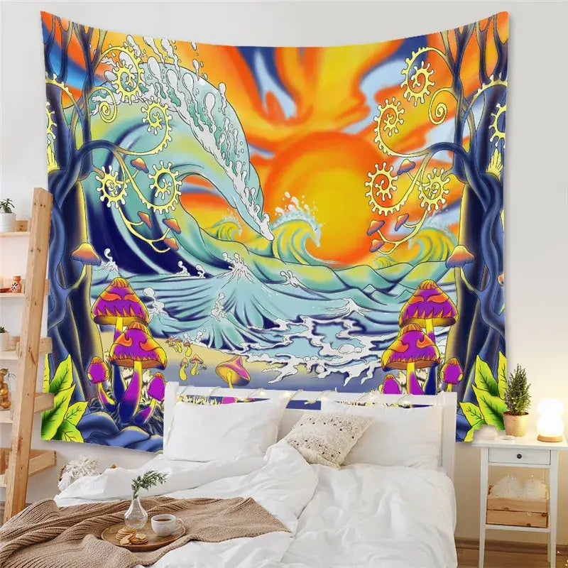 Vibrant psychedelic decorative tapestry yoga mat with swirling ocean waves, sun, and purple mushrooms under trees