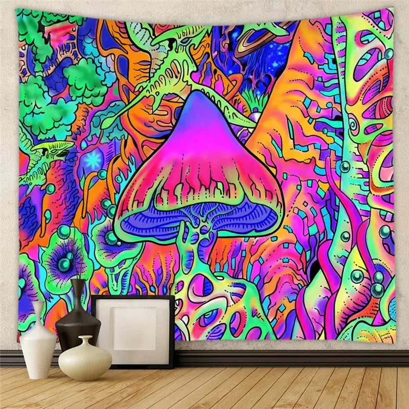 Vibrant psychedelic decorative tapestry yoga mat with glowing pink mushroom and neon swirling patterns for bedroom decor