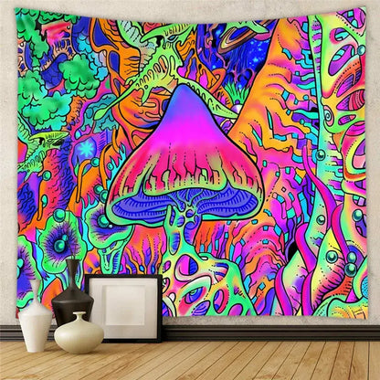 Vibrant psychedelic decorative tapestry yoga mat with glowing pink mushroom and neon swirling patterns for bedroom decor