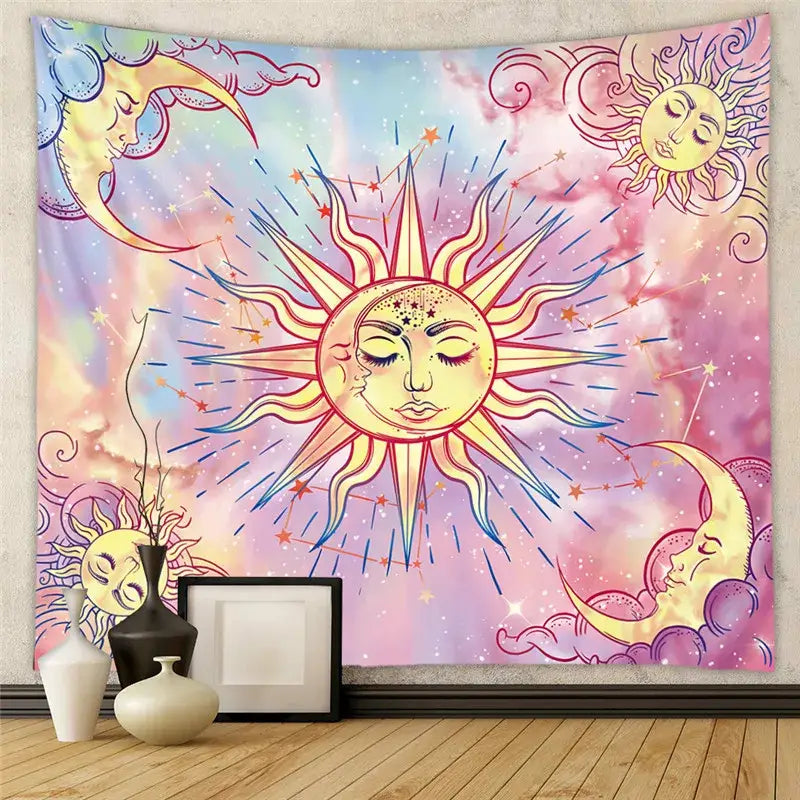Bohemian decorative tapestry yoga mat with vibrant pastel suns and moons on a cosmic backdrop for bedroom decor